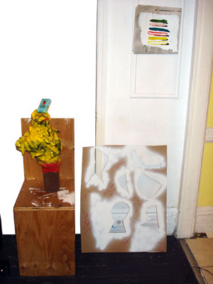 Pete Corrie, Untitled (future primitive) (2008), brick, newspaper, tape, paint, cigarette box, wood chair, cardboard, gouache installation dimensions variable sculpture: 44 x 14 x 17 leaning piece: 23 x 26 paiting: 12.5 x 11.5 contact gallery for price