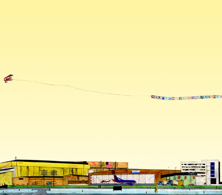 Brian Hubble, Aerial Advertisement (2008), Collage on panel, 43” x 48”, $3,500