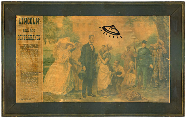 Brian Hubble, Lincoln and the Contrabands and the Aliens (2008), Defaced original article on Abraham Lincoln, 16” x 26”, contact gallery for price