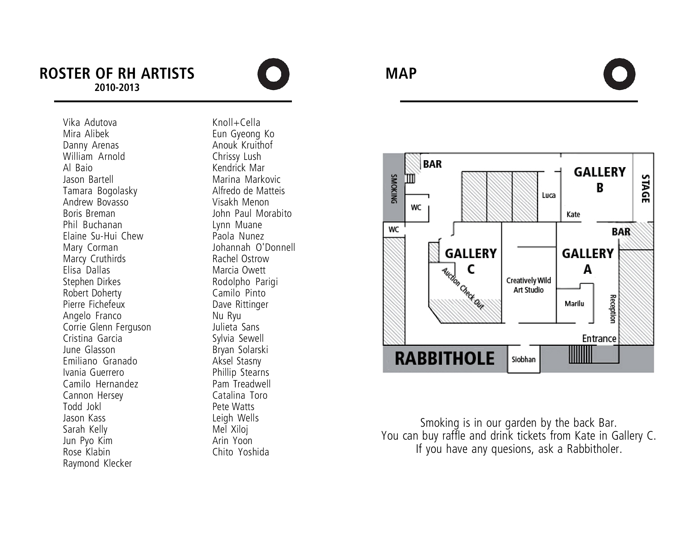 Program guide, 9 March 2013: Roster of RH artists 2010–2013, and a map of the space