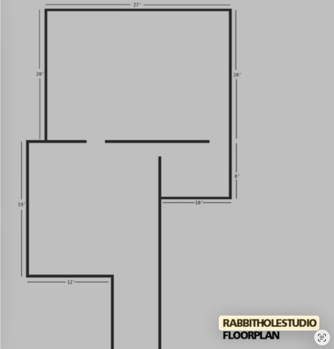 floor plan (digital): RABBITHOLESTUDIO FLOORPLAN — main room 27' × 20'; other walls 19', 12', 10', 8'