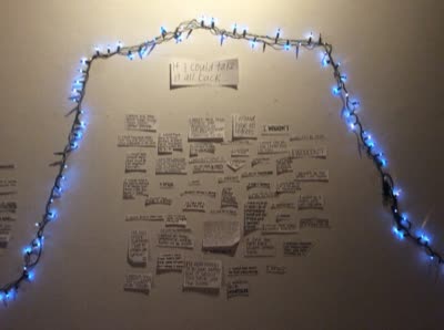 Wall of written notes with string lights, 25 July 2016.
