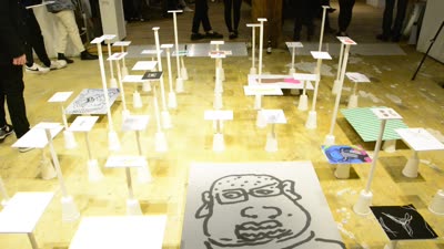 Works on white stands across the floor, Artificial Art, 3 April 2016.