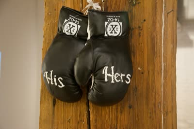 Boxing gloves marked His and Hers, 30 April 2016.