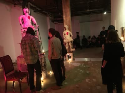 Installation view, Sugarlife's effigies and altar with visitors, 25 March 2016.