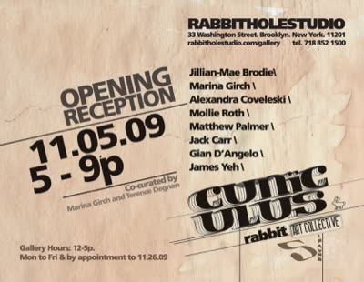 Exhibition card, back, with artist list and opening reception 5 November 2009.