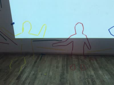 Projection and taped figures on the floor, 27 July 2016.