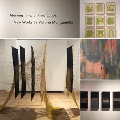 Views of the exhibition: title wall, hanging installation and woven paintings, 26 March 2016.