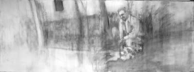 Sara Pedigo, Man with Dog, charcoal and gesso on paper.