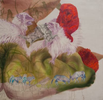 Rachel Meuler, On The Fence (Or Where's The Hose), 2010, oil and graphite on unstretched linen.