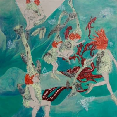 Rachel Meuler, Romp, Squirm, 2010, oil and graphite on unstretched linen.