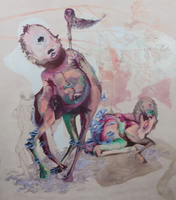 Rachel Meuler, Who Gets To Be On Top, 2009, oil and graphite on unstretched linen.
