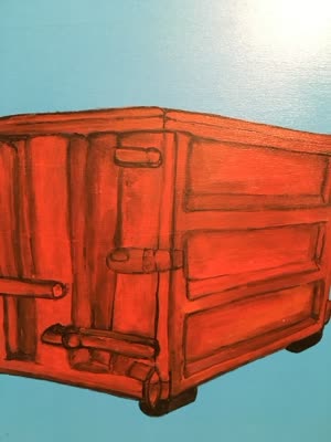 Painting of an orange dumpster, 17 April 2016.