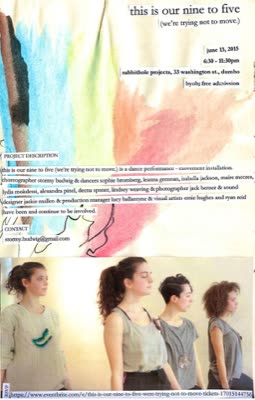 Flyer for This Is Our Nine to Five (We're Trying Not to Move), a dance performance and movement installation by Stormy Budwig and dancers, 13 June 2015.