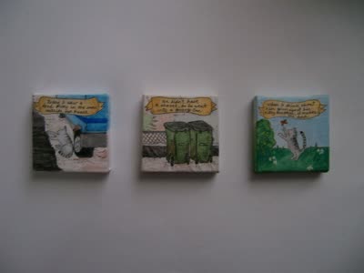 Cassady Fernandez, Kitty (set of 3), acrylic on canvas, 2009, in the gallery.