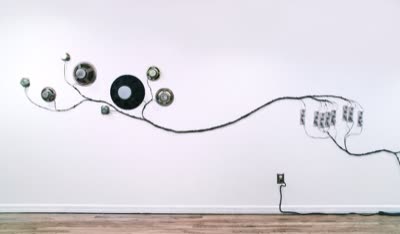 Phillip Stearns, Fruiting Bodies of High-Voltage Transmission Lines, 2010, found speakers, speaker wire, custom electronics.