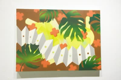 Painting with monstera leaves and a folded screen, Plant Sale, 16 January 2016.
