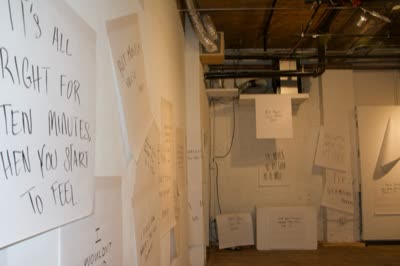 Punch lines hung in the back of the gallery, 24 April 2016.