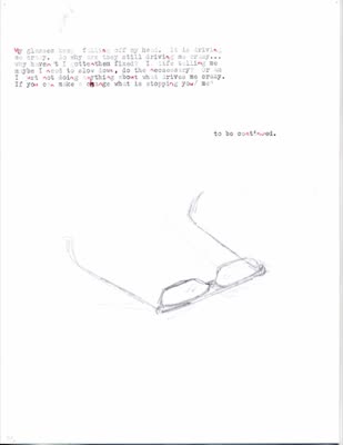 Drawing with text, glasses.