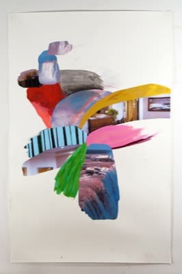 Rachael Gorchov, Topography, Waiting Room and Waterfall, 2008, acrylic paint and digital prints on paper, 40 × 30 in.