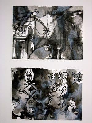 Carrie Rubinstein, What Trails Round (diptych), 2008, ink and gouache on paper, 9 × 12 in. each.