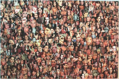 Zane Claverie, Doll Faces, 2008, paper and acid-free paste on reinforced plywood, 28 x 42 in.