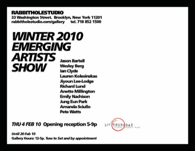 Exhibition card, back, with the artist list and opening reception Thursday 4 February 2010.