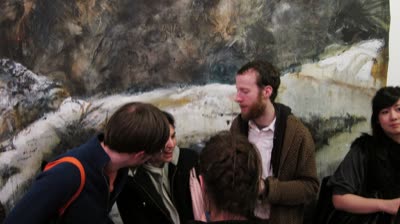 Opening reception, in front of a painting by Amanda Sciullo, 4 February 2010.