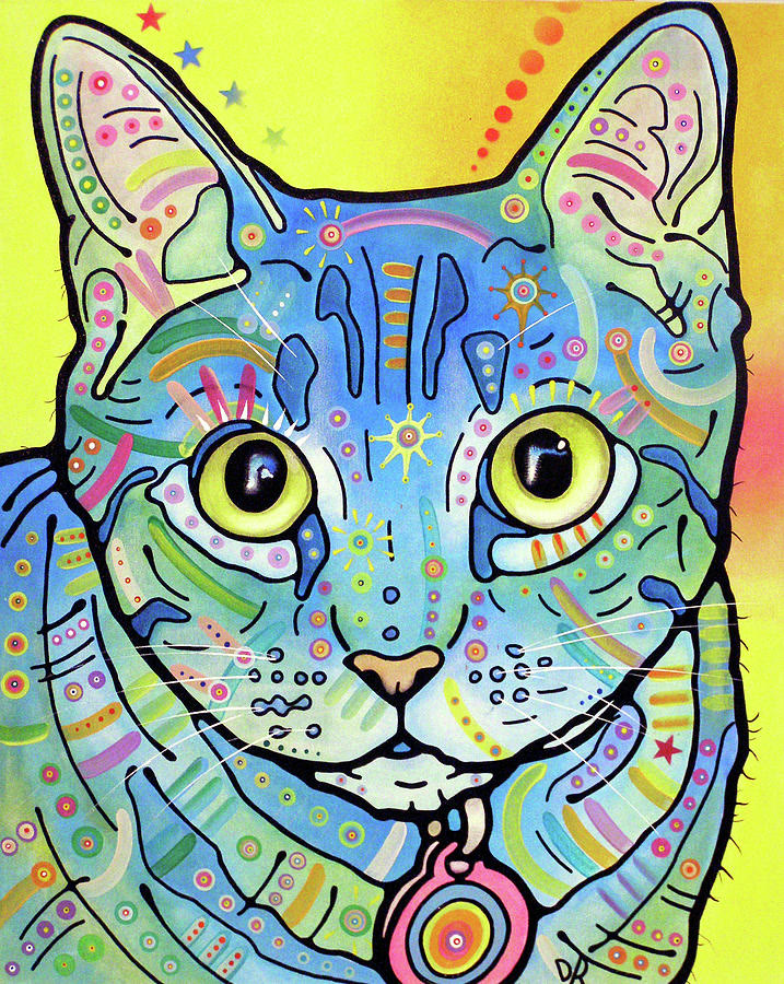 Vintage Maya, Dean Russo’s painting of Maya: a tabby cat in bright blues, pinks and yellows