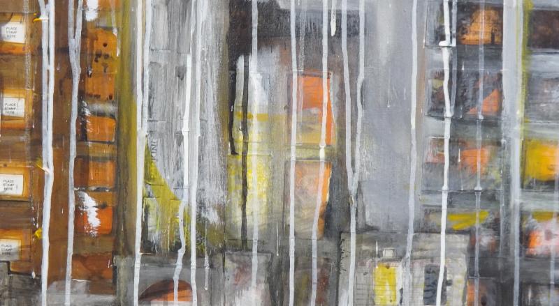 Painting by Orianne Cosentino from QUOTA: grey and orange abstract with white drips and parking-ticket shapes