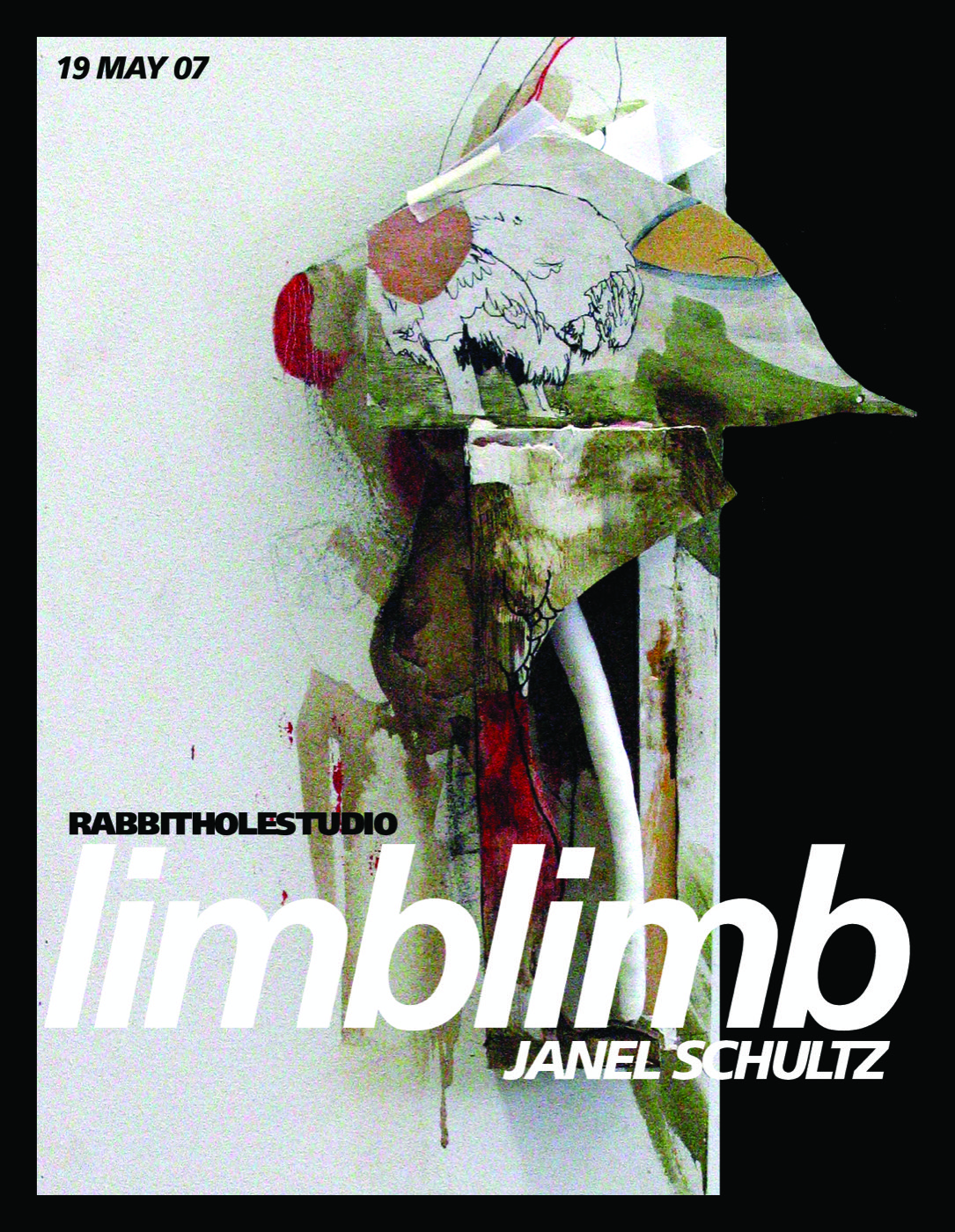 Card for limblimb by Janel Schultz: a photograph of a mixed-media wall piece with a drawn animal, paper, paint and a white tube, 19 MAY 07