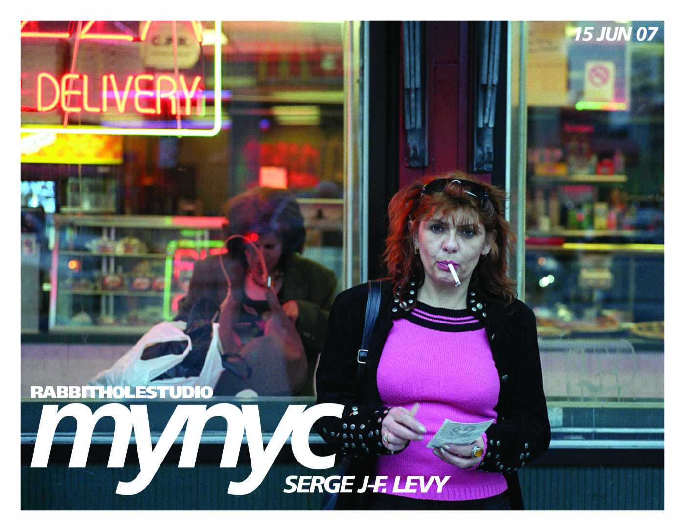Card for mynyc by Serge J-F. Levy: a street photograph of a red-haired woman in a pink sweater smoking outside a deli window, 15 JUN 07