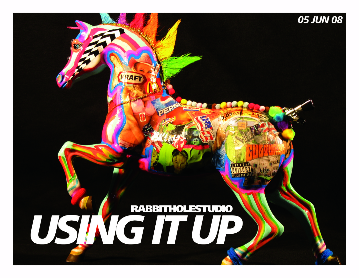 Card for Using It Up: a toy horse collaged with brand logos and pop imagery, with a bright mane