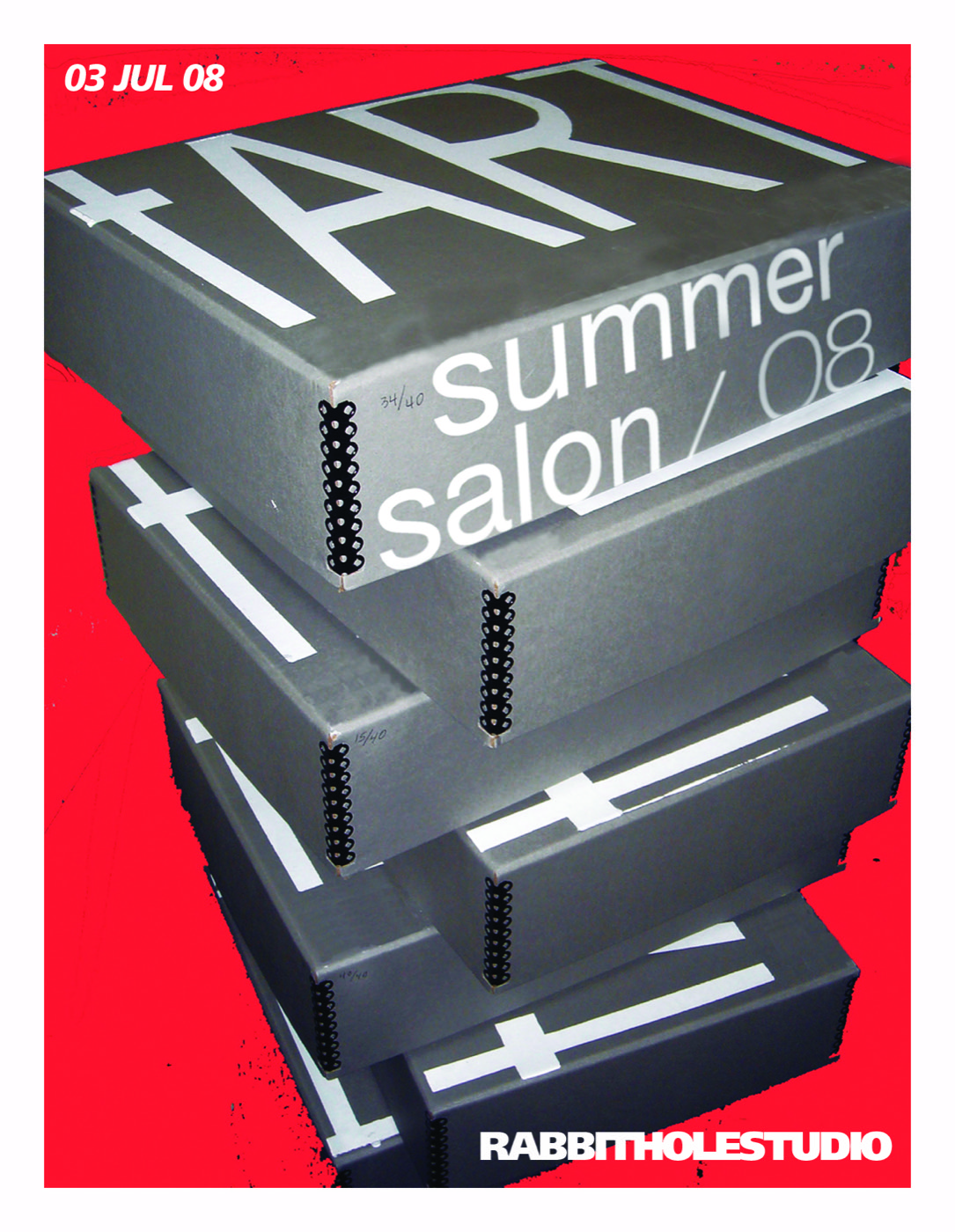Card for the tART summer salon / 08: a stack of grey archival boxes printed with “tART” on red