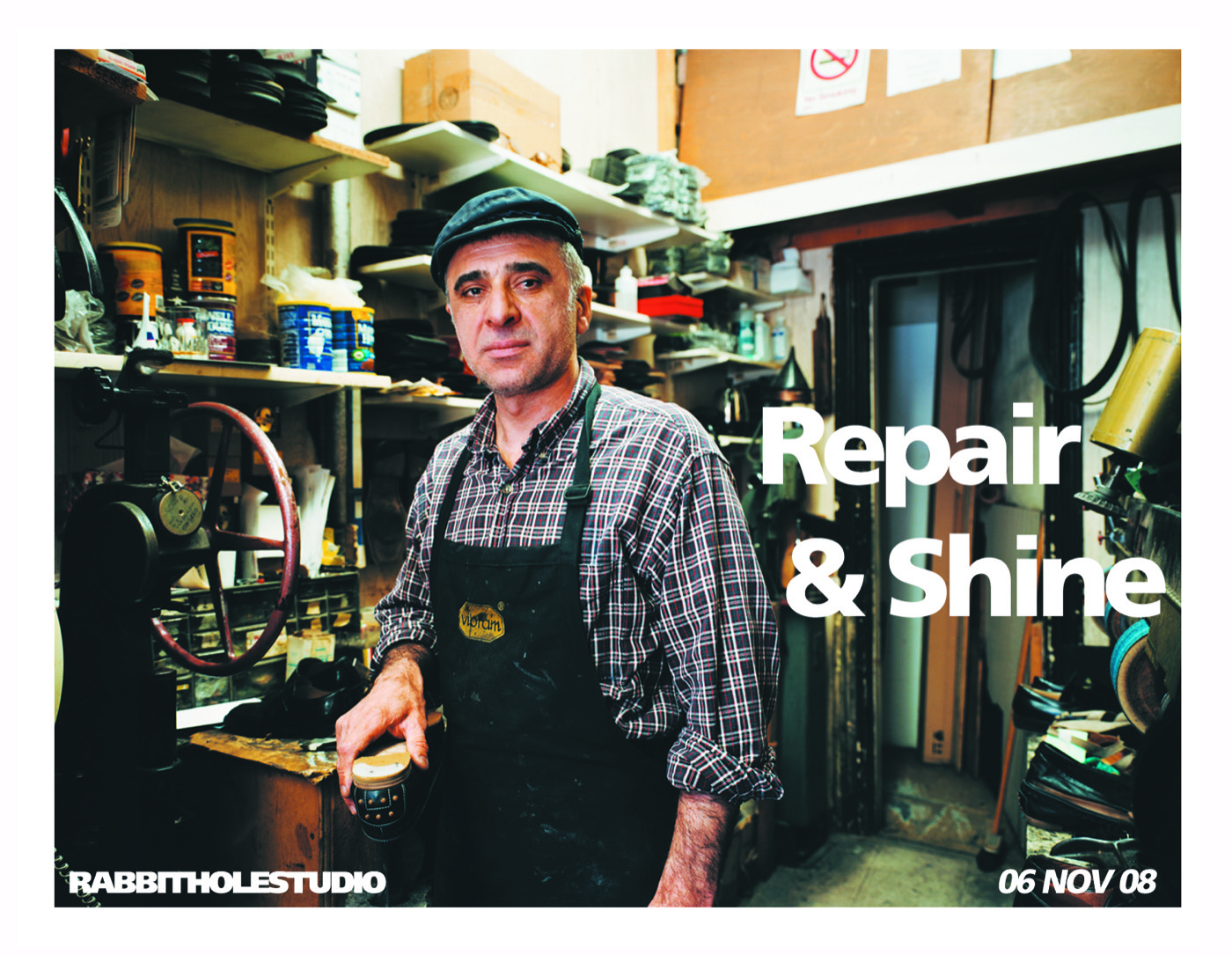 Card for Repair & Shine: a shoe repairman in a flat cap and apron in his shop, 06 NOV 08